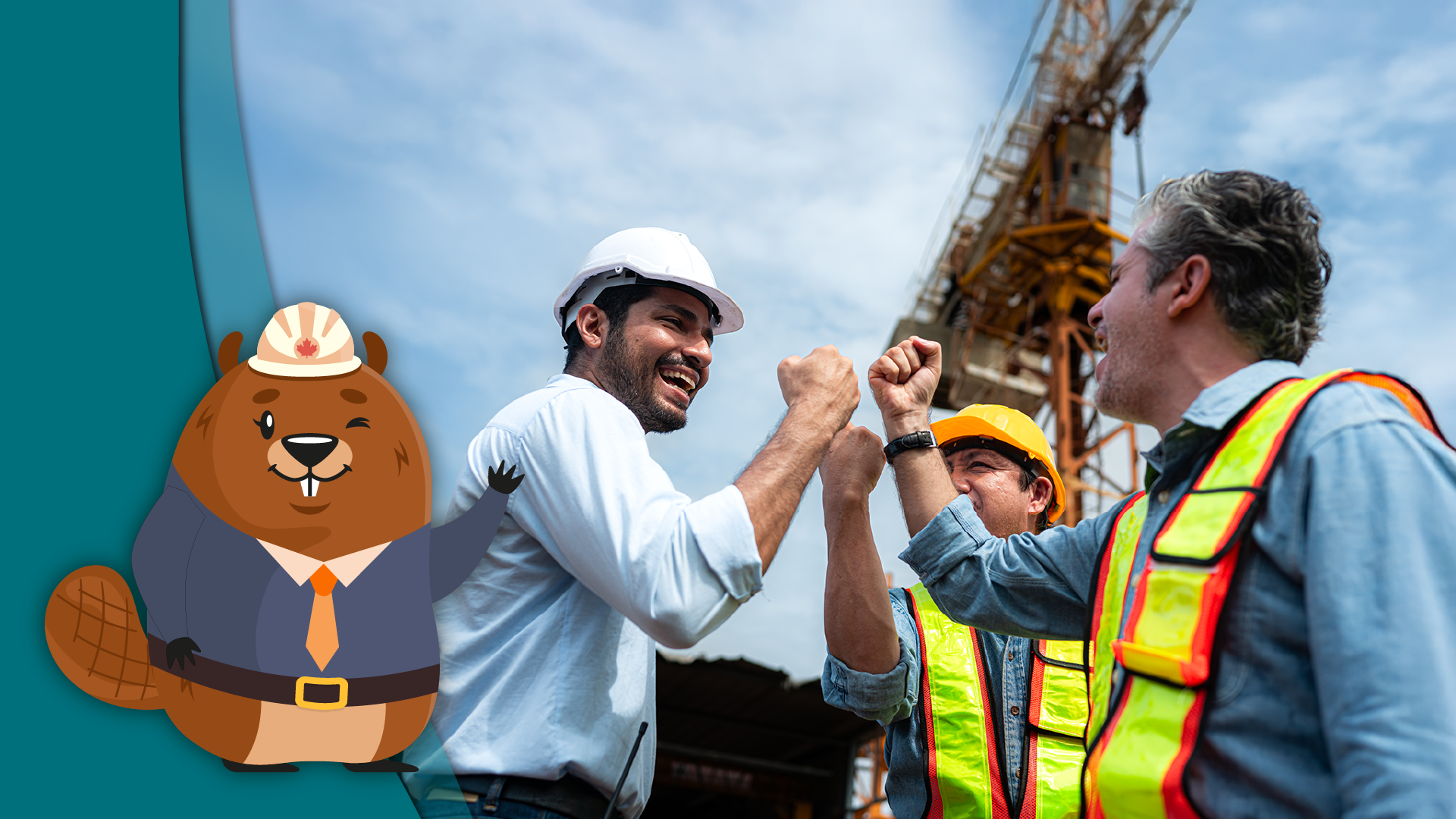 construction team celebrating, beaver the builder in a hardhat