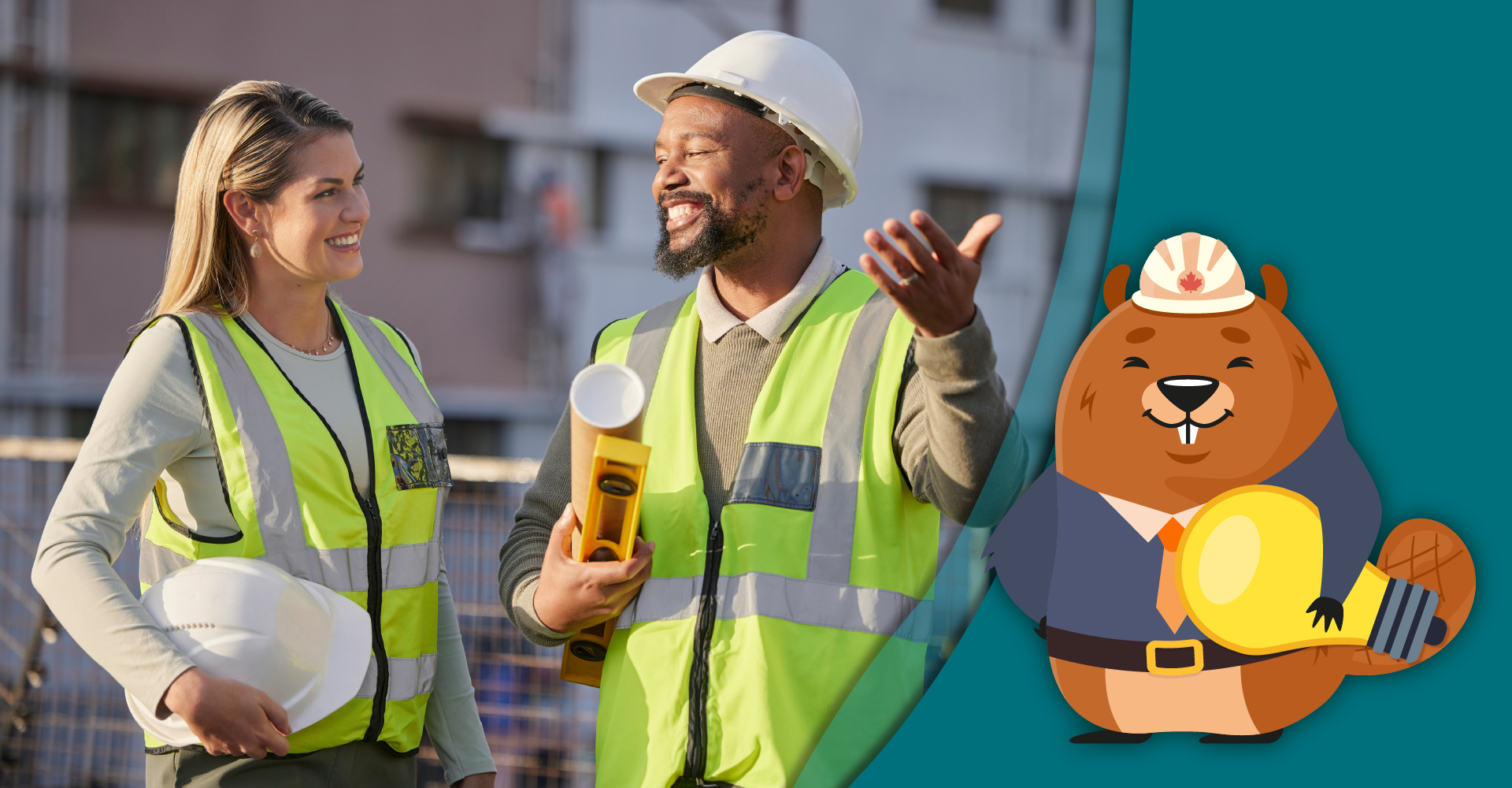 construction workers in a hardhat, beaver the builder in a hardhat holding a lightbulb