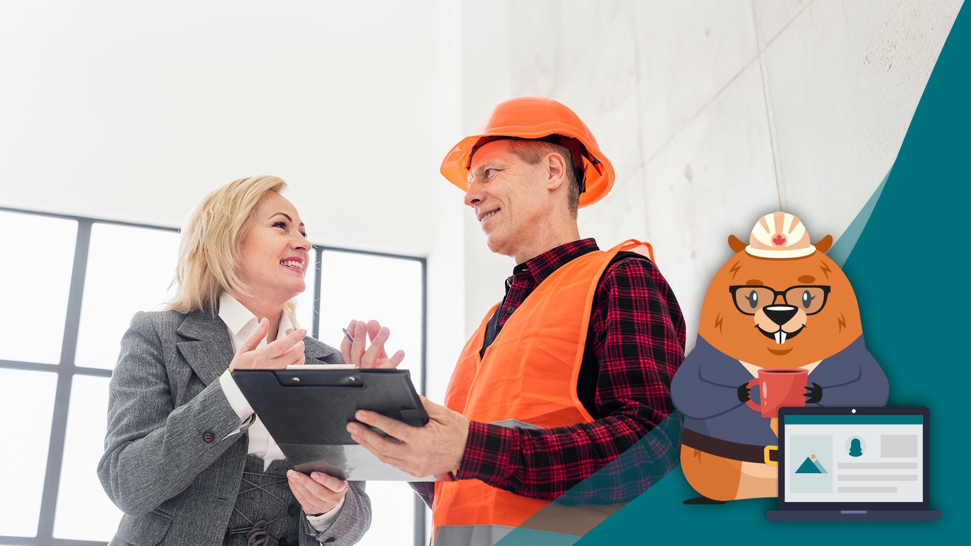 a construction worker and a client talking, beaver the builder in a hardhat and glasses