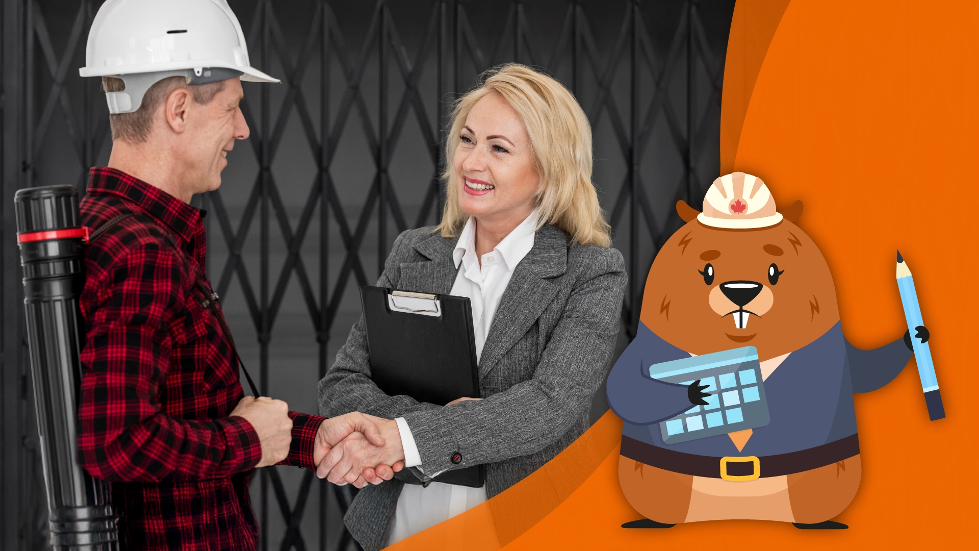 a contractor in a hardhat shaking hands with a female client