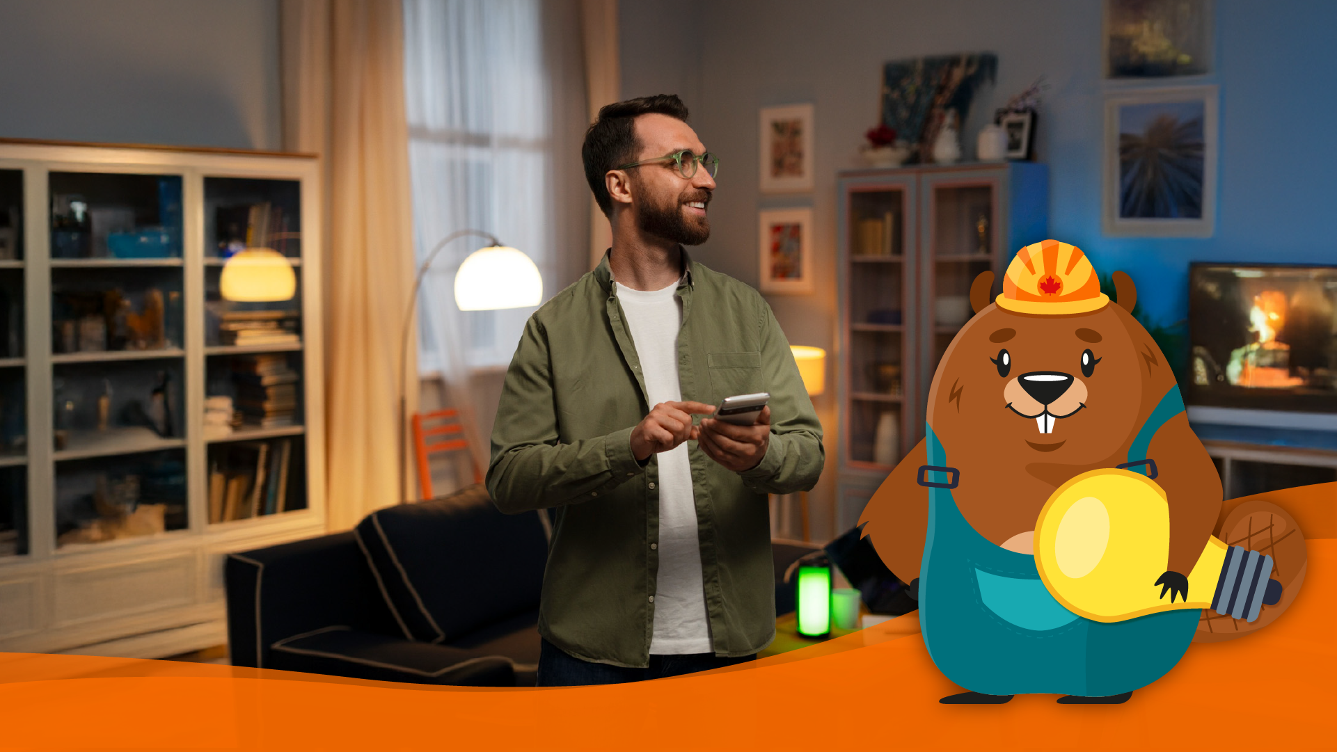 a young man using a Smart Home Lighting System in the living room, floor and able lamps, a beaver the builder animation, a light bulb