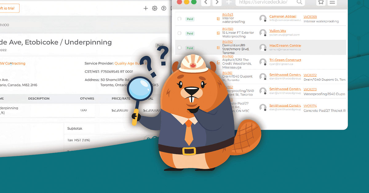 Beaver in a hardhat, belt, tie holding a magnifying glass. Screenshots of the Invoicing Managing crm in the background