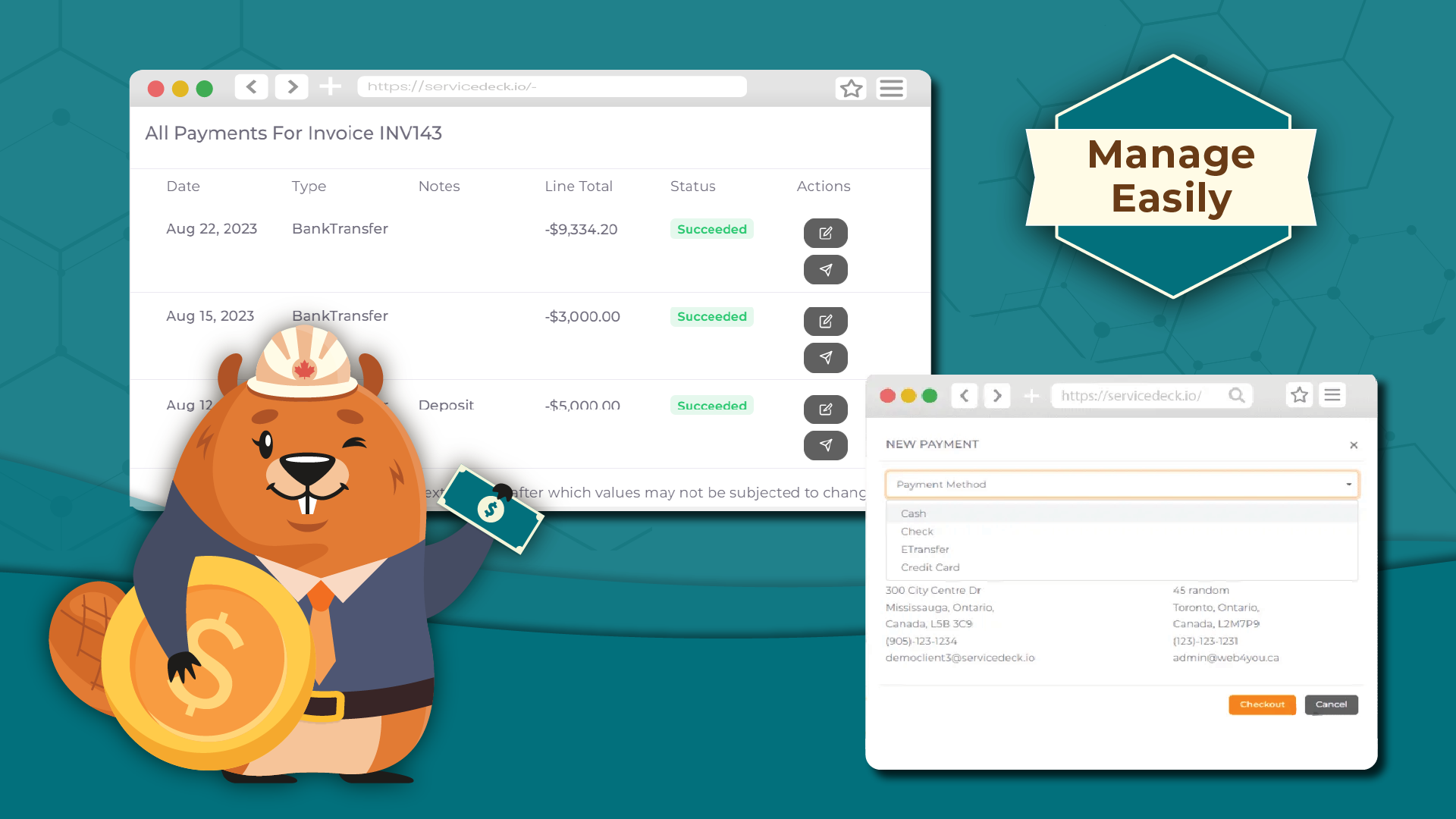 beaver in a hardhat with a maple leaf, tie and belt holding a gold coin and cash. The background is a screenshot of the CRM for managing and simplifying invoices in construction business