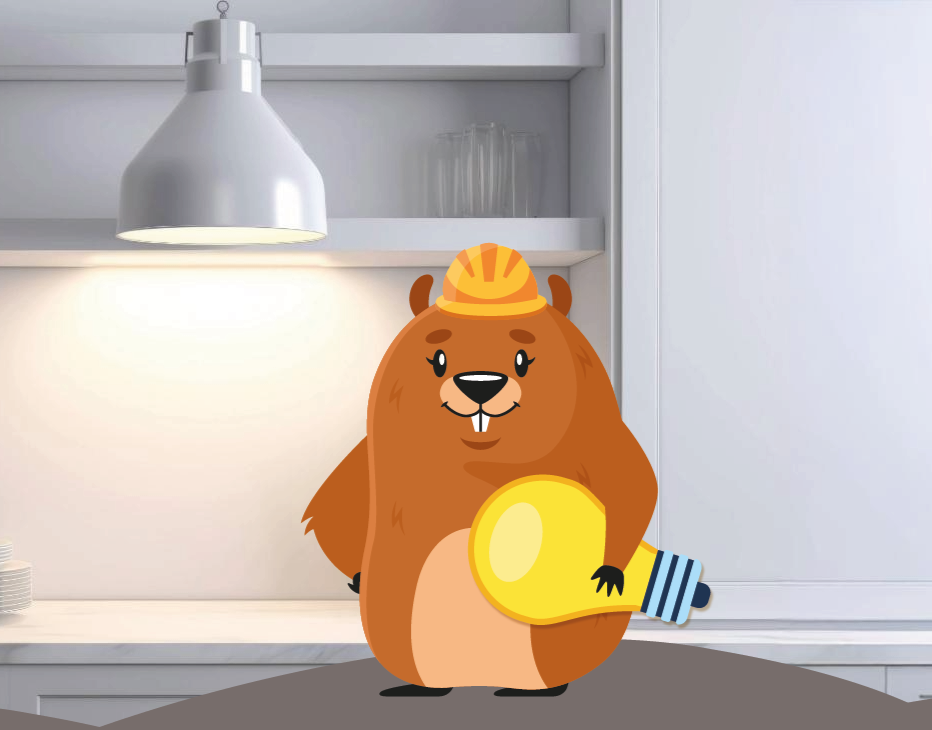 white modern kitchen with the bright lamp in the background, a builder brown beaver holding a yellow light bulb.