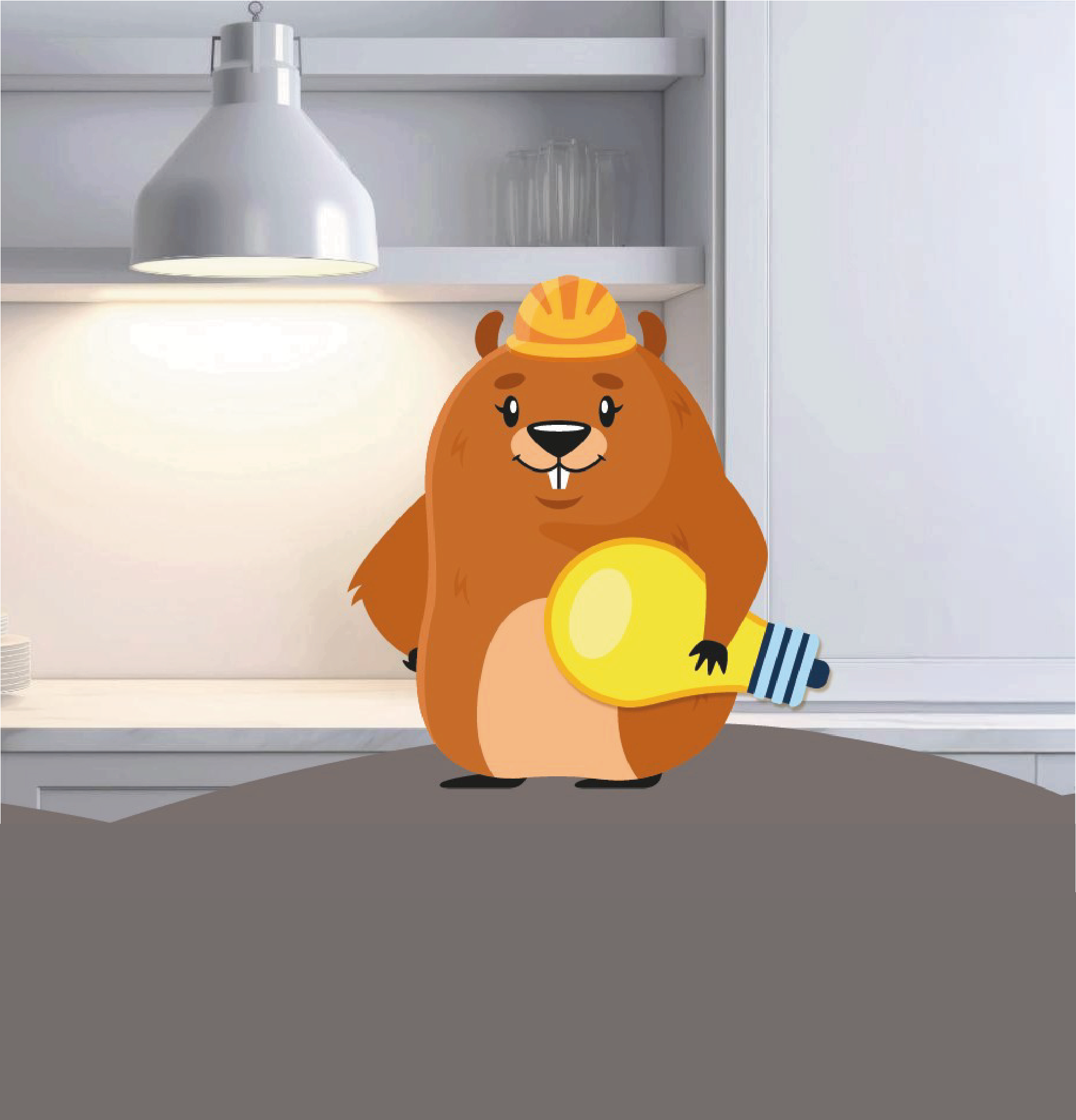 beaver in the hard hat, holding a light bulb, white kitchen in the background