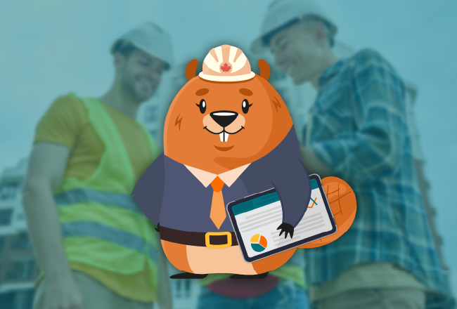 beaver the builder in a hardhat and tie holding a tablet