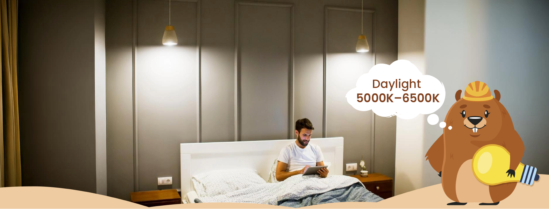 modern bedroom, two lamps, a man reading a book on the bed