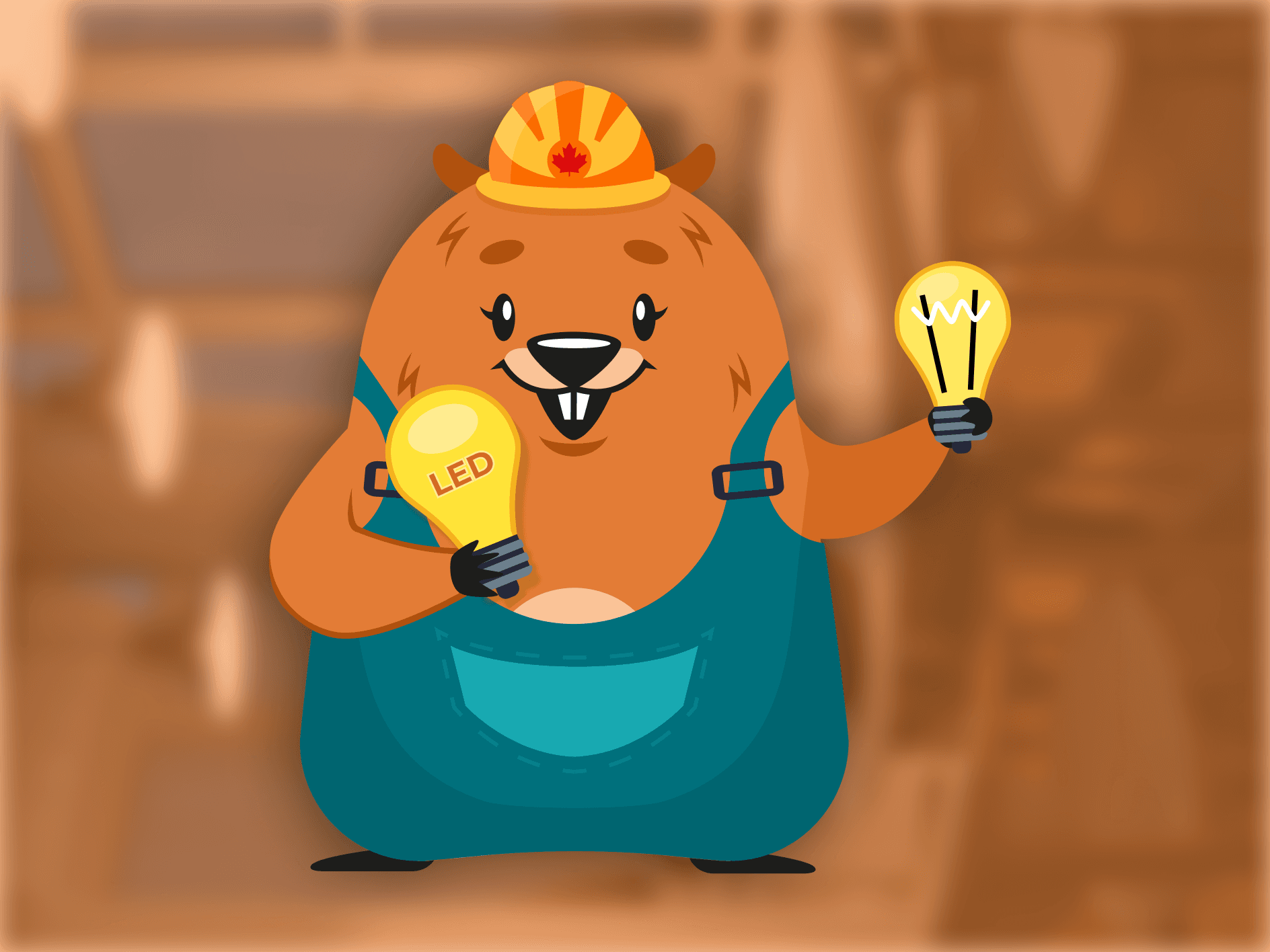 a beaver in a hardhat holding a incandescent light bulb and LED bulb