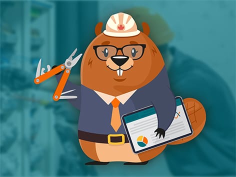 a beaver in a hardhat and tie holding a tablet and pliers, on the background electricians at work