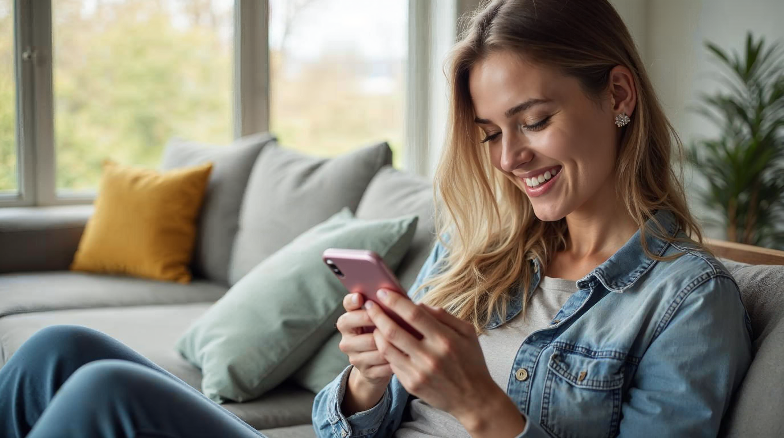 Woman using smartphone to book home cleaning service while sitting on couch