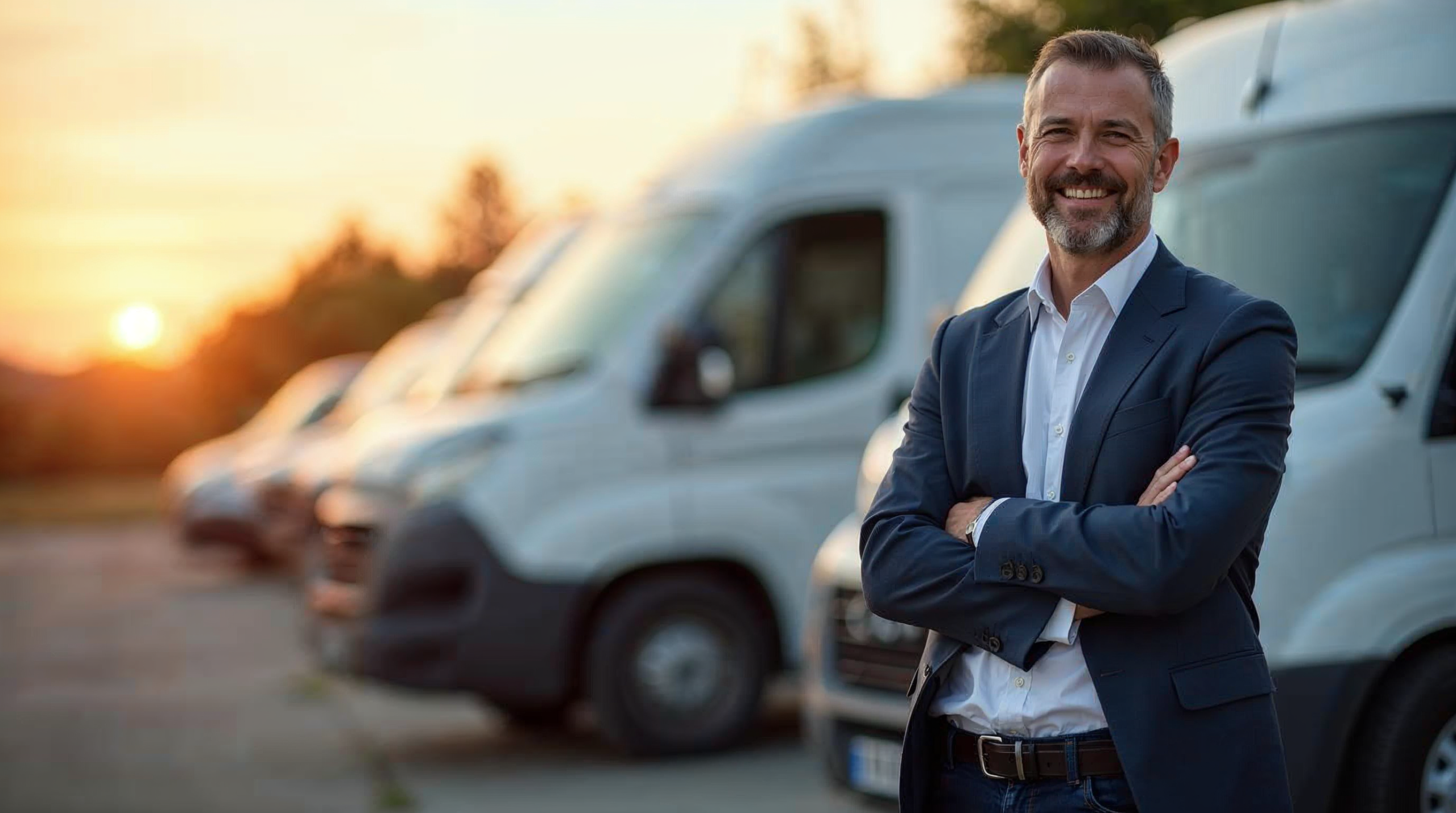 Successful cleaning business owner standing proudly in front of company van fleet