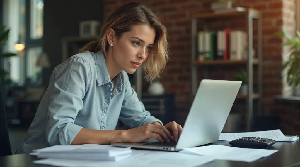 Cleaning business owner reviewing financial reports on laptop