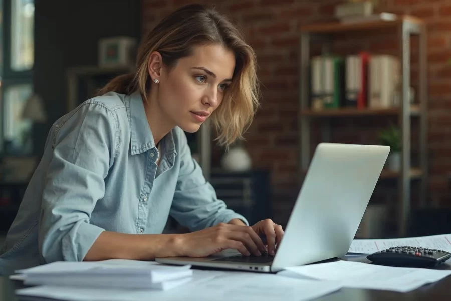 Cleaning business owner reviewing financial reports on laptop