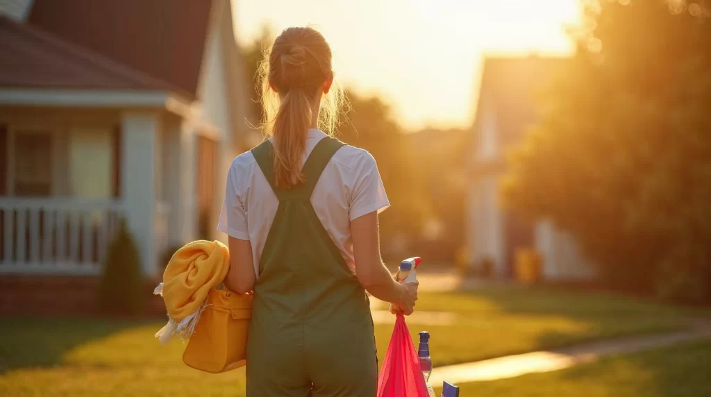 Small cleaning business professional arriving at client home