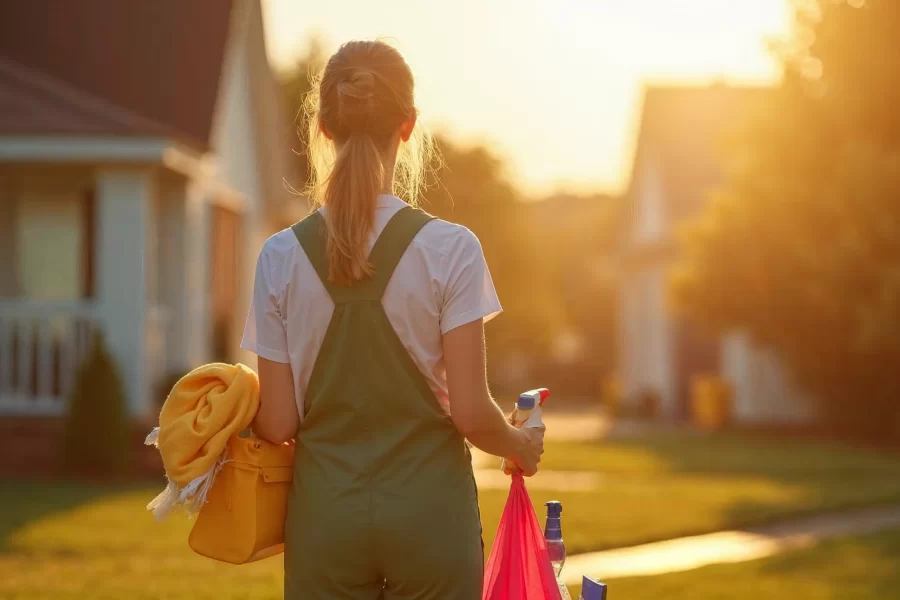 Small cleaning business professional arriving at client home