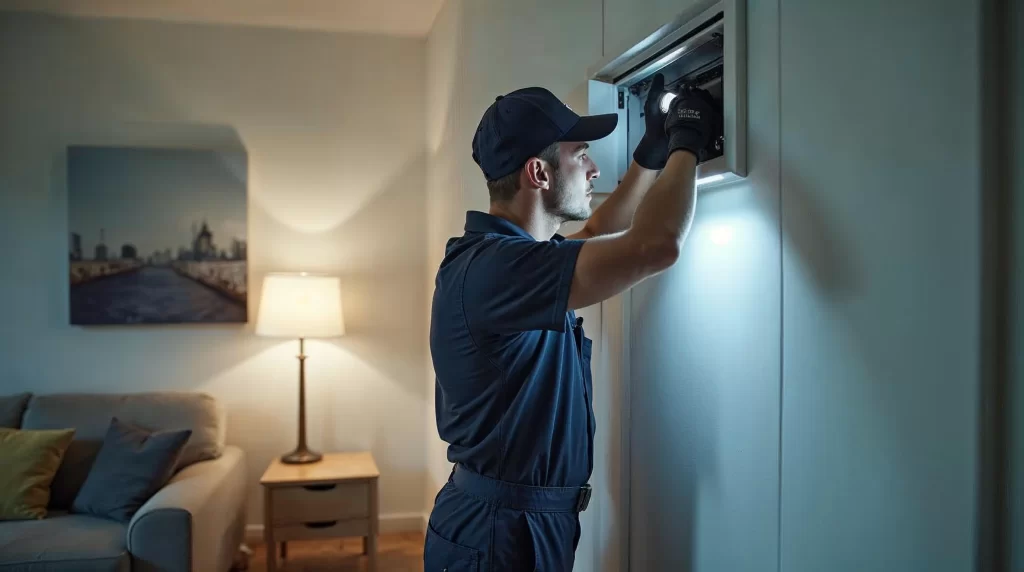 HVAC technician inspecting air duct vent in residential home