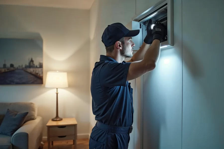 HVAC technician inspecting air duct vent in residential home