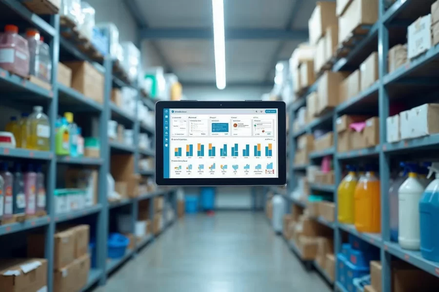 Organized cleaning supply storage room with digital inventory tracking tablet