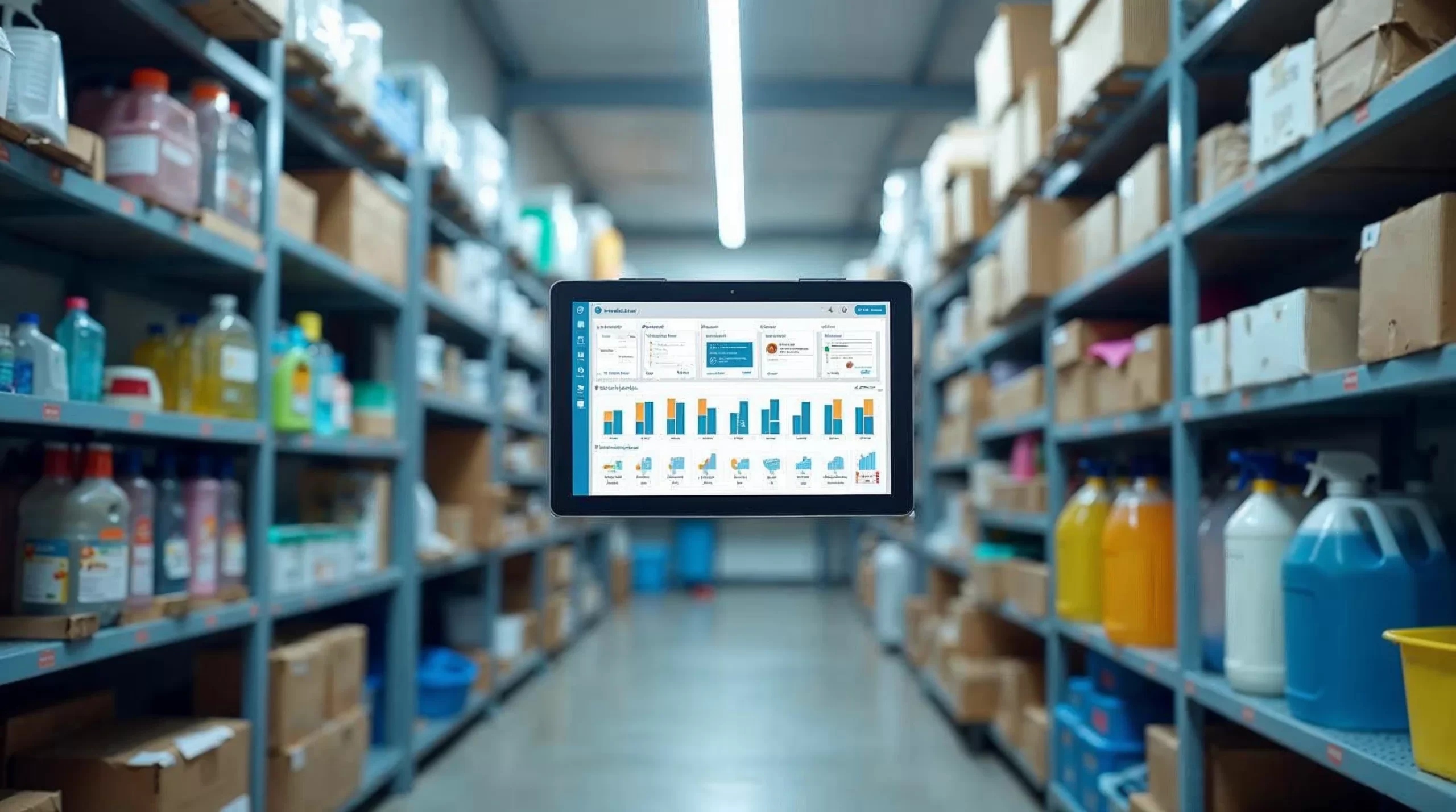 Organized cleaning supply storage room with digital inventory tracking tablet