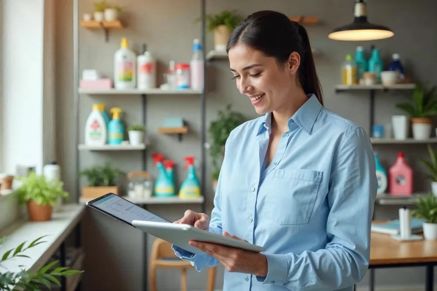 Cleaning business owner reviewing digital invoices on tablet