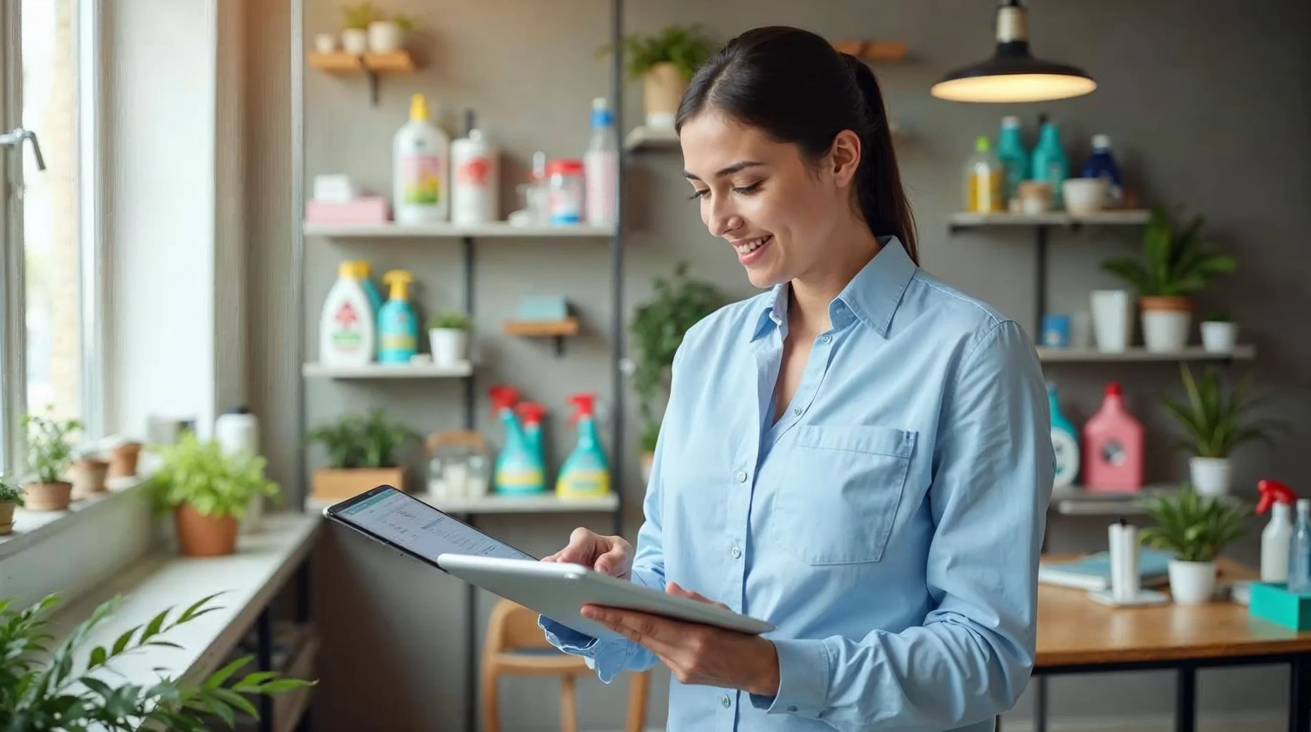 Cleaning business owner reviewing digital invoices on tablet