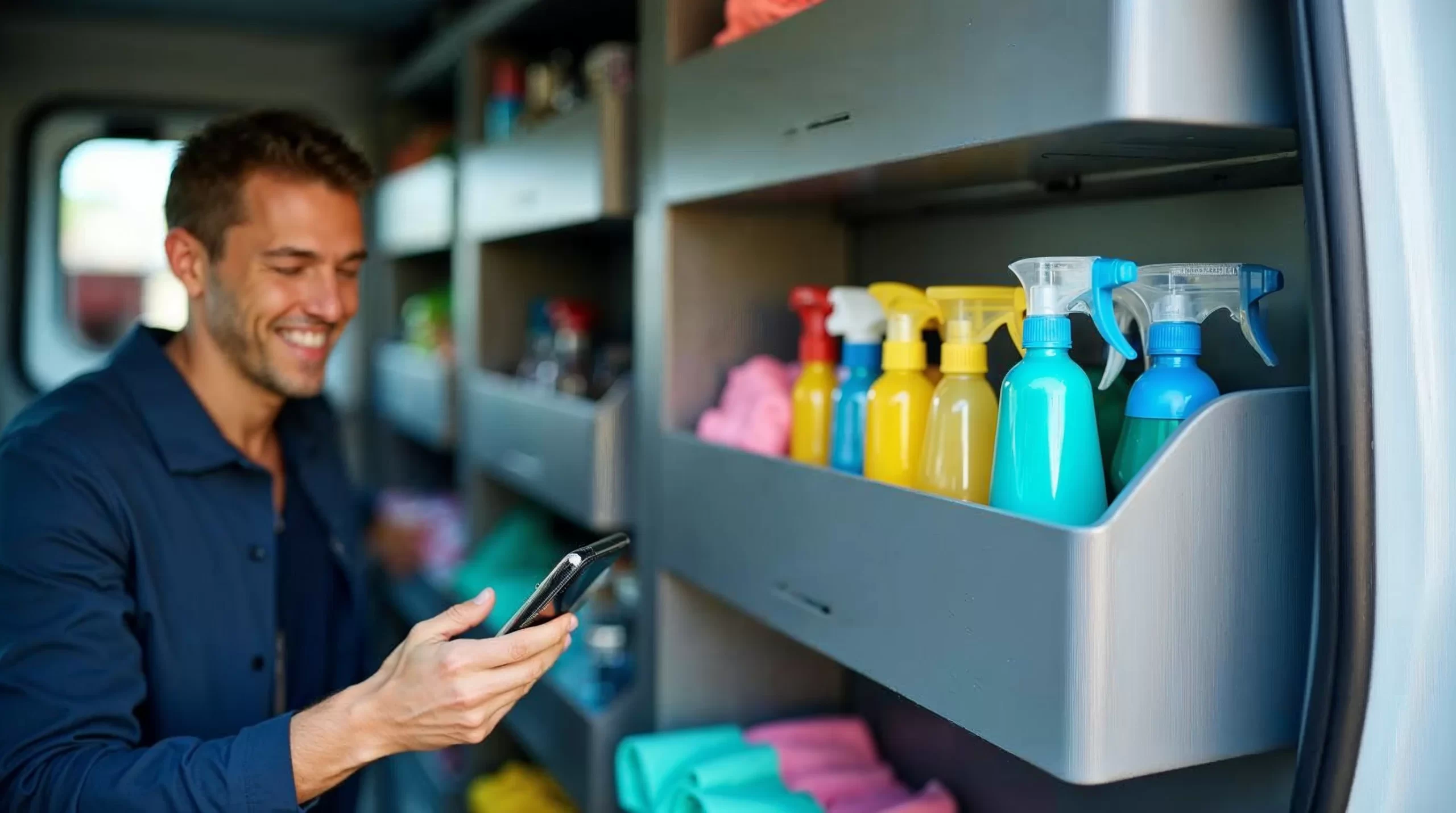 Cleaning team van with organized supplies and stock tracking app