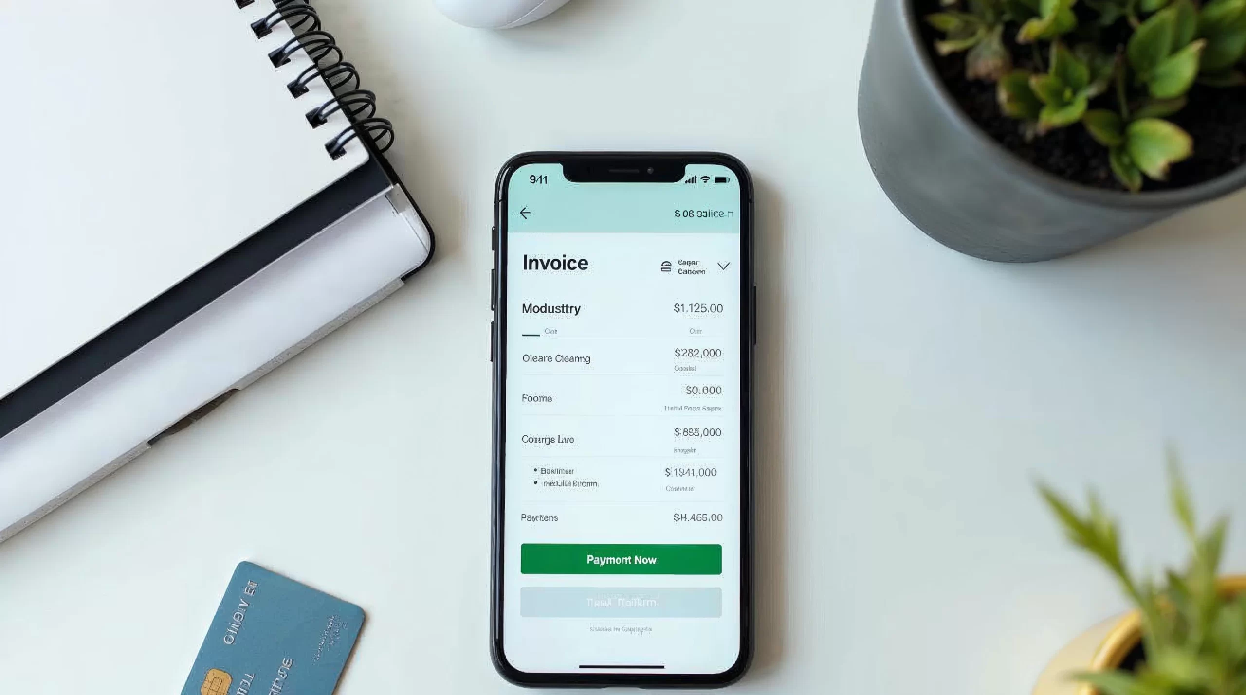 Smartphone showing cleaning service invoice app with payment button
