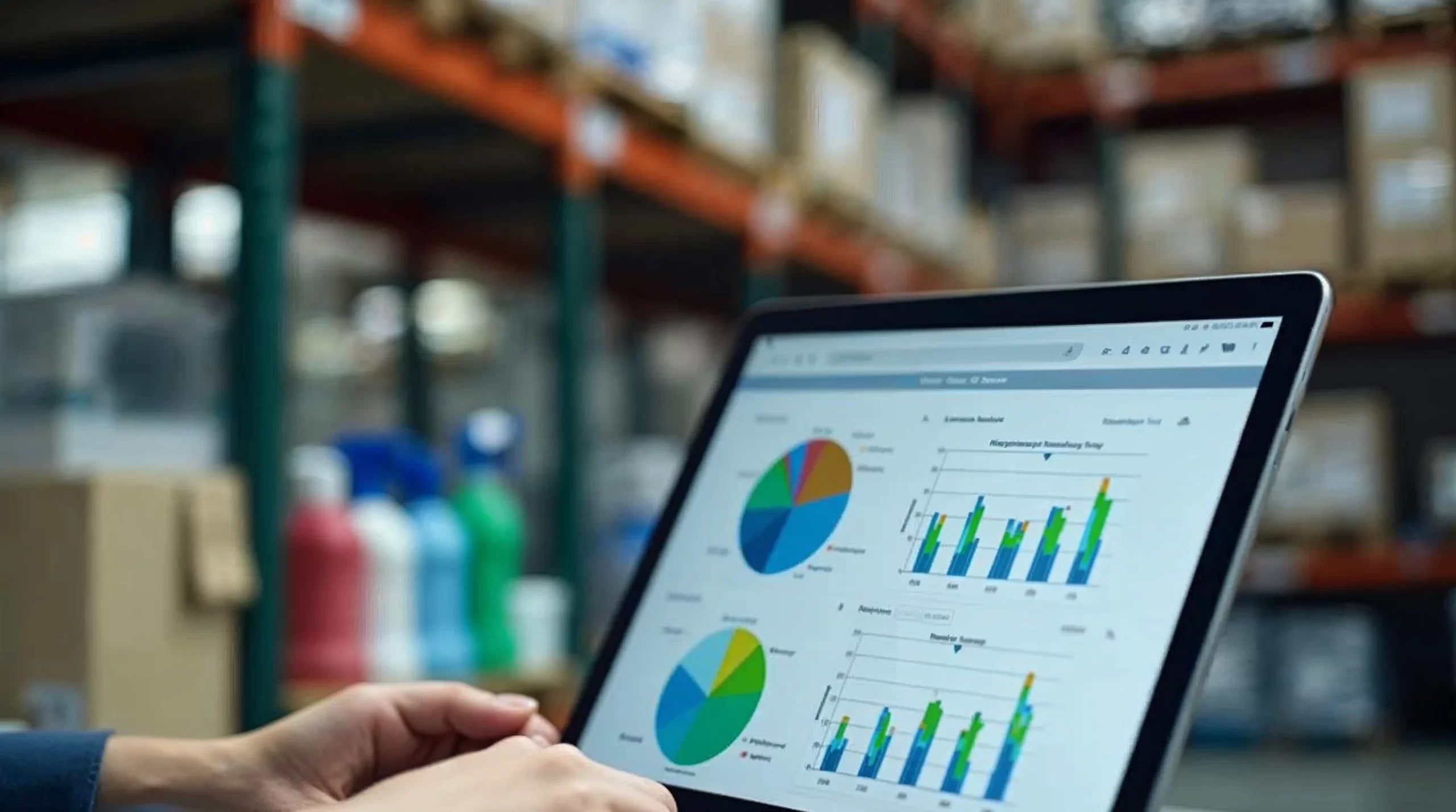 Business person analyzing cleaning supply inventory data on laptop