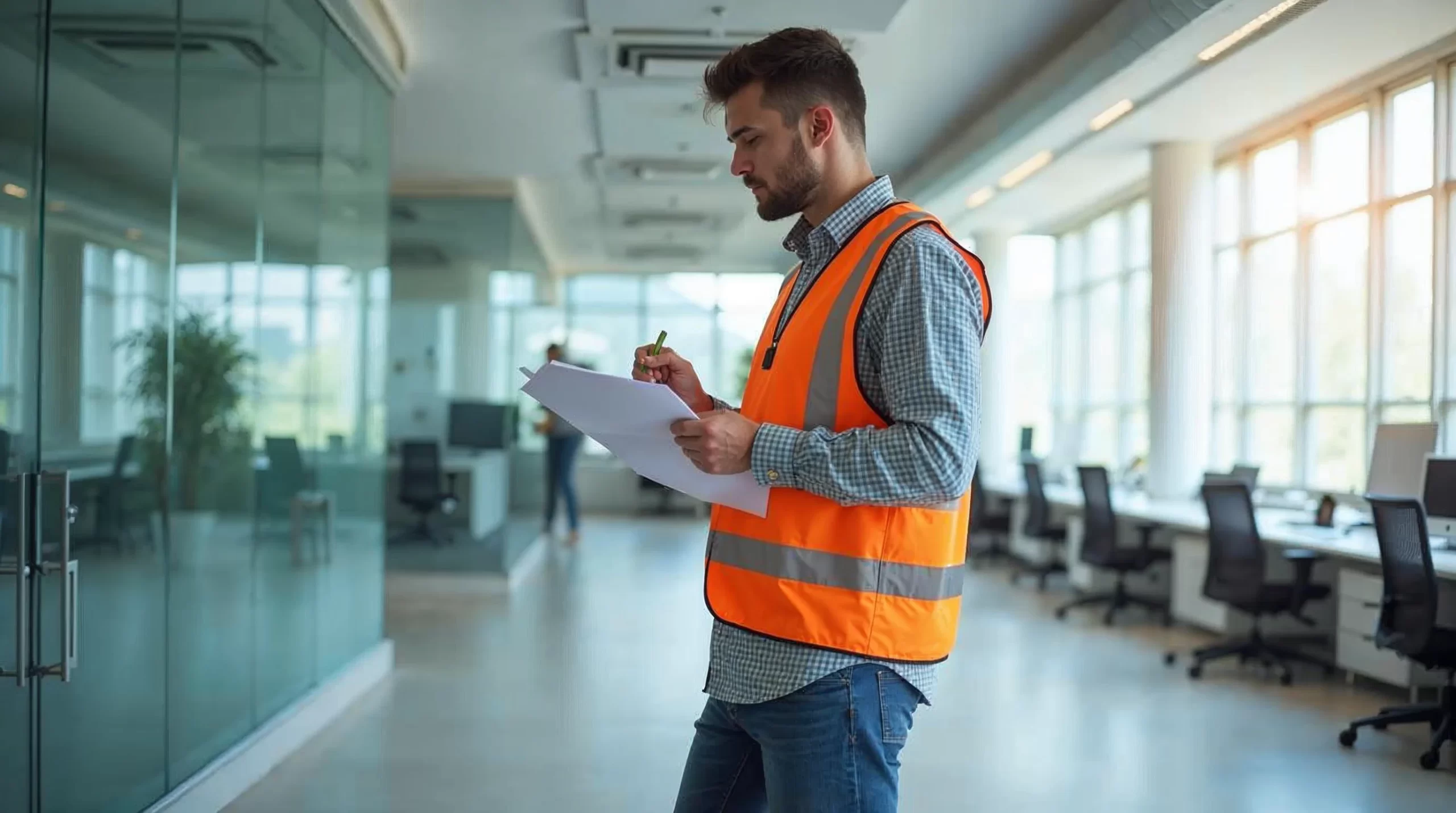 Cleaning manager doing walkthrough assessment in office