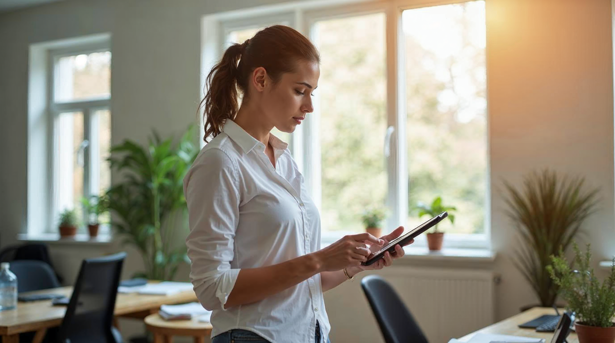 Small business owner managing cleaning team using tablet device in home office