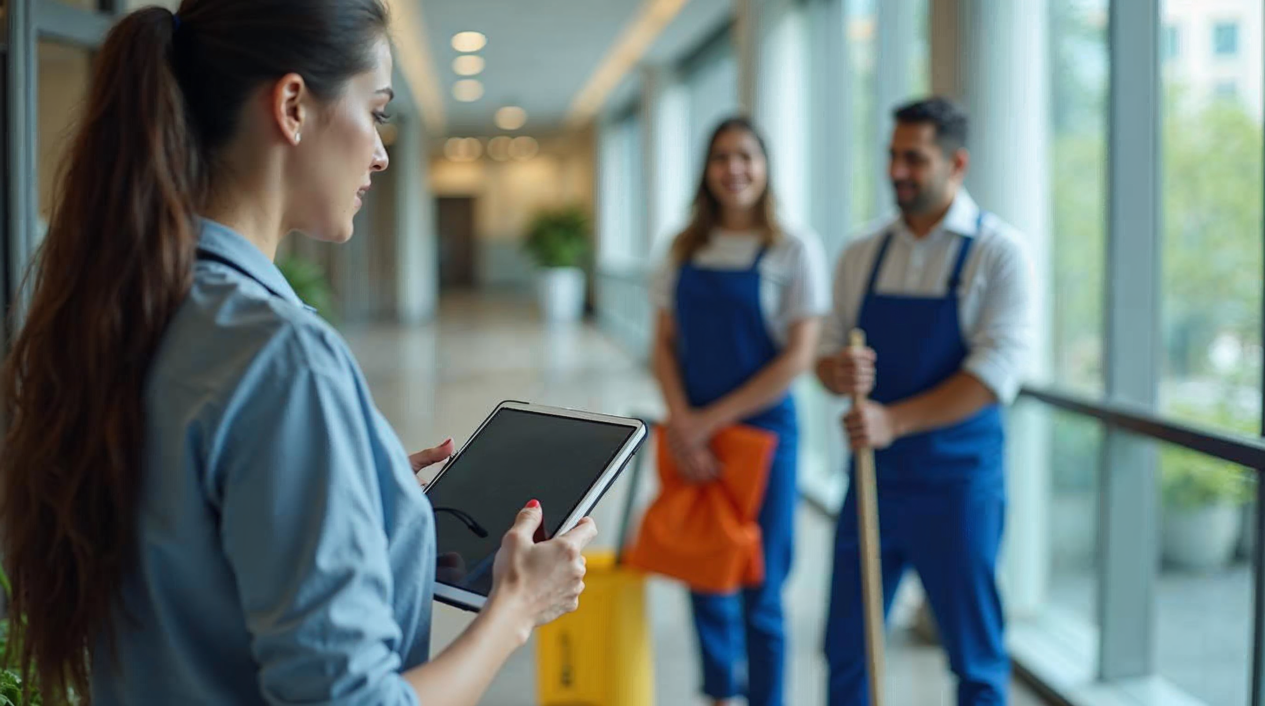 Cleaning business manager using tablet to coordinate team in office building