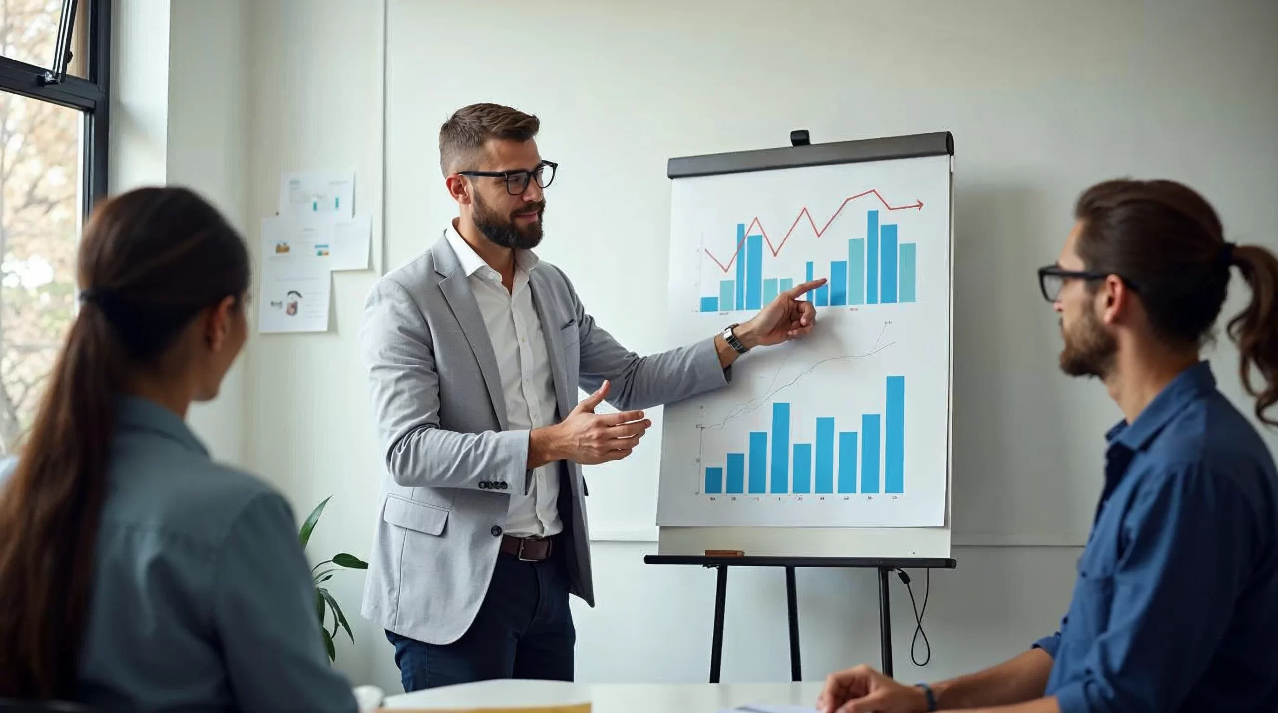 Business owner presenting financial data to cleaning team