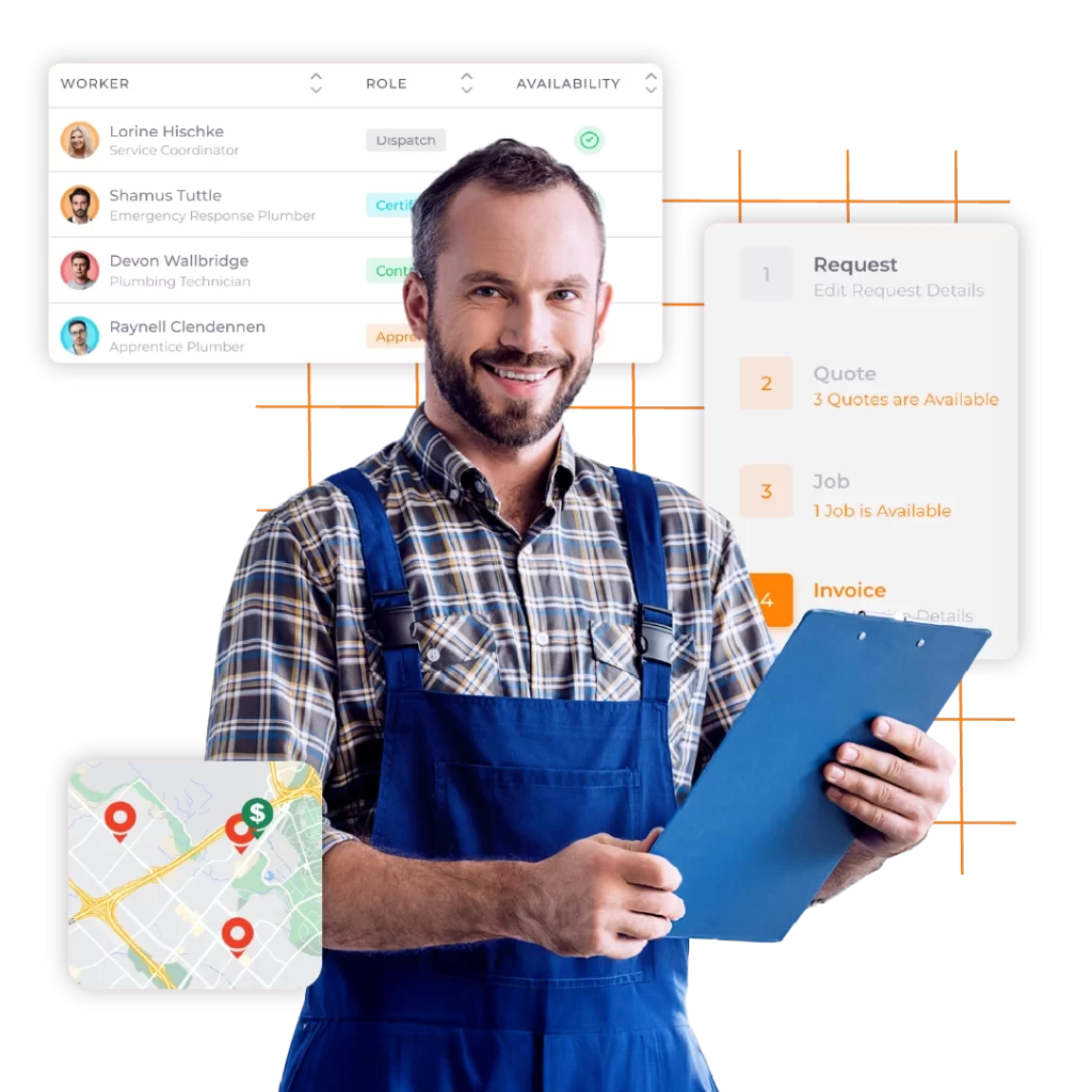 Plumber with clipboard managing plumbing business operations with ServiceDeck dashboard