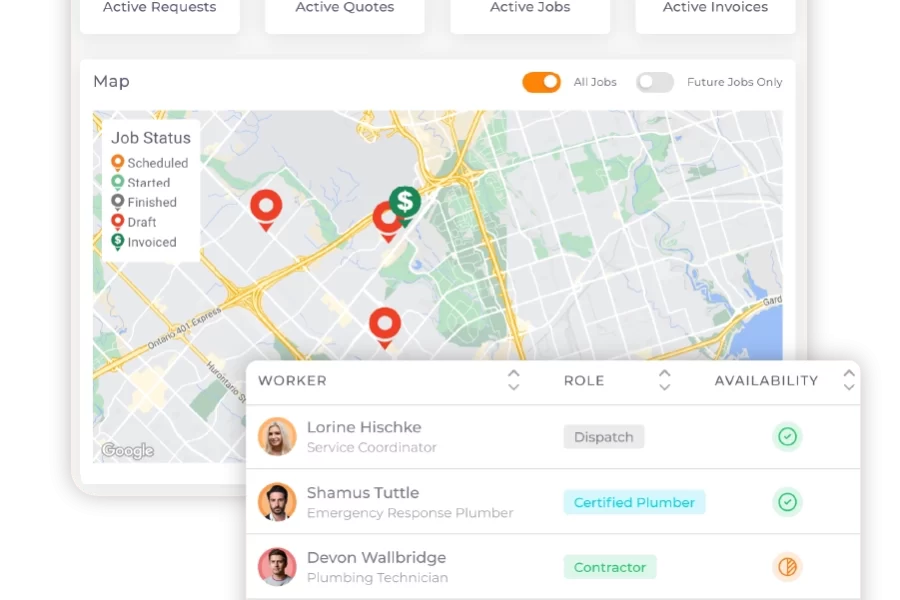 ServiceDeck dashboard with service area map worker availability and job tracking