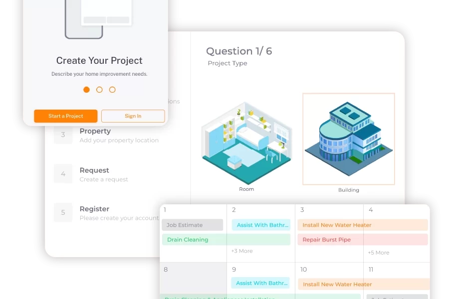 ServiceDeck project creation tool with plumbing job scheduling calendar