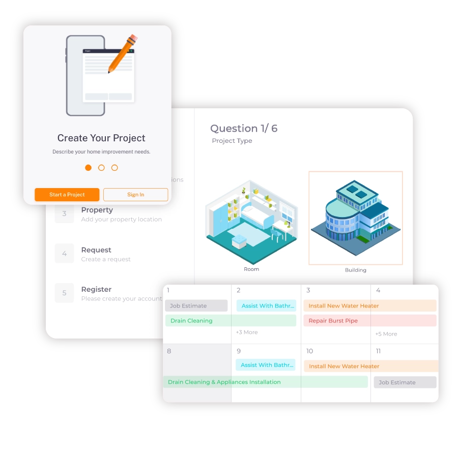 ServiceDeck project creation tool with plumbing job scheduling calendar