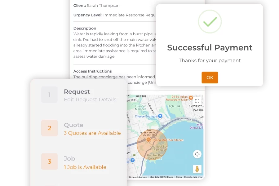 ServiceDeck emergency plumbing request with payment processing and service workflow