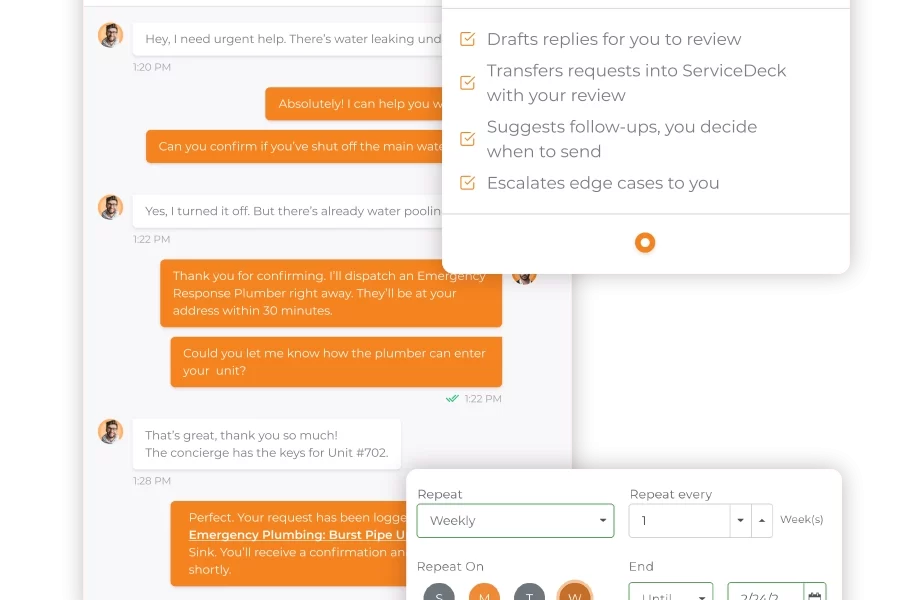 ServiceDeck AI Copilot handling emergency plumbing request with automated booking