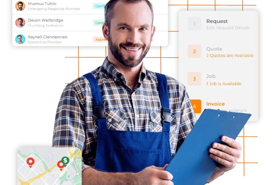 Plumber with clipboard managing plumbing business operations with ServiceDeck dashboard