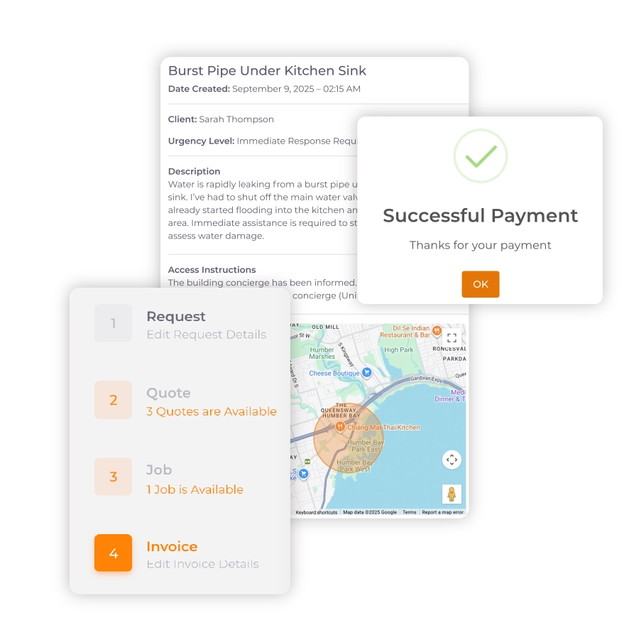 Emergency plumbing request with payment and job workflow
