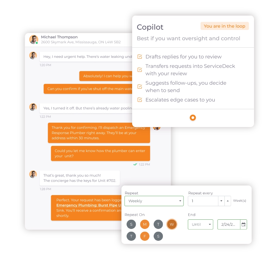 ServiceDeck AI Copilot handling emergency plumbing request