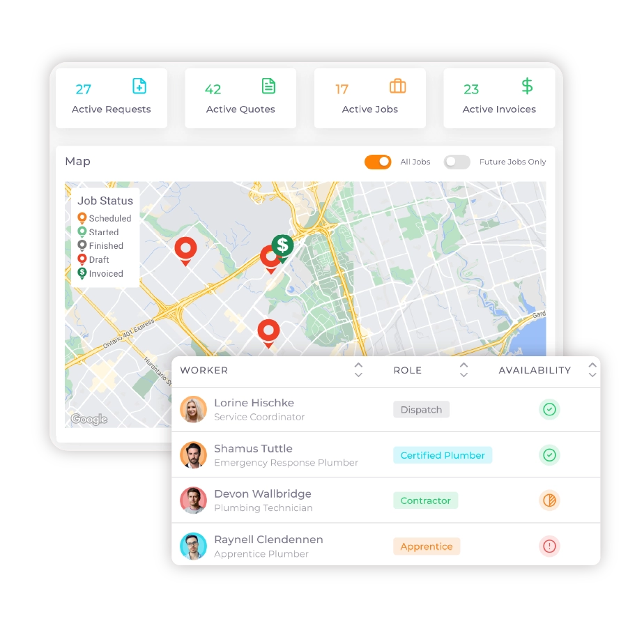 ServiceDeck dashboard with map and job tracking